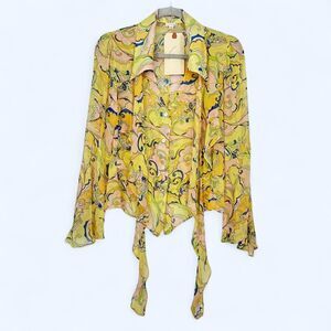 Vintage 2003 Illia Yellow Psychedelic Swirl Tie Hem Blouse Size 6